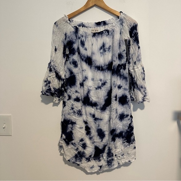 Knox Rose blue & white Tie Dye Off the Shoulder Dress bell Sleeves with Crochet - Picture 2 of 7